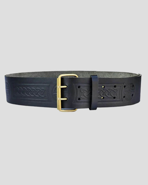 Double Prong Celtic Knot Embossed Black Leather Kilt Belt