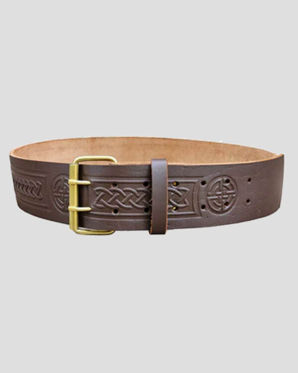 Double Prong Celtic Knot Embossed Brown Leather Kilt Belt