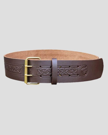 Double Prong Celtic Twist Embossed Brown Leather Kilt Belt