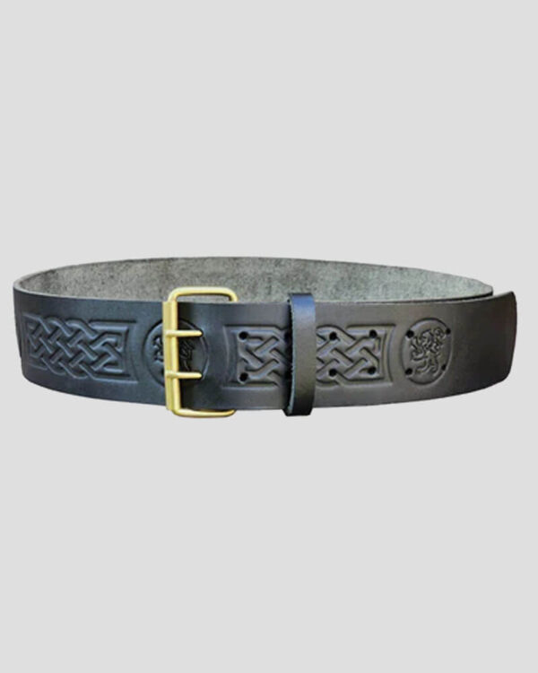 Double Prong Rampant Lion Embossed Black Leather Kilt Belt