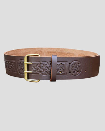 Double Prong Rampant Lion Embossed Brown Leather Kilt Belt