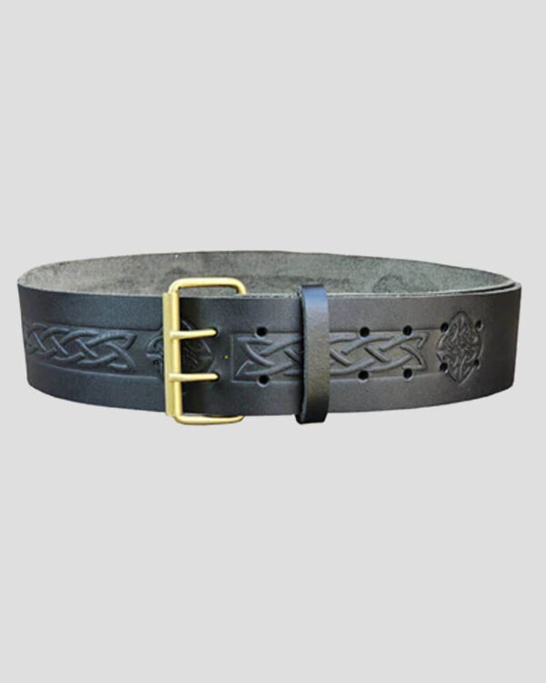 Double Prong Swirl Embossed Black Leather Kilt Belt