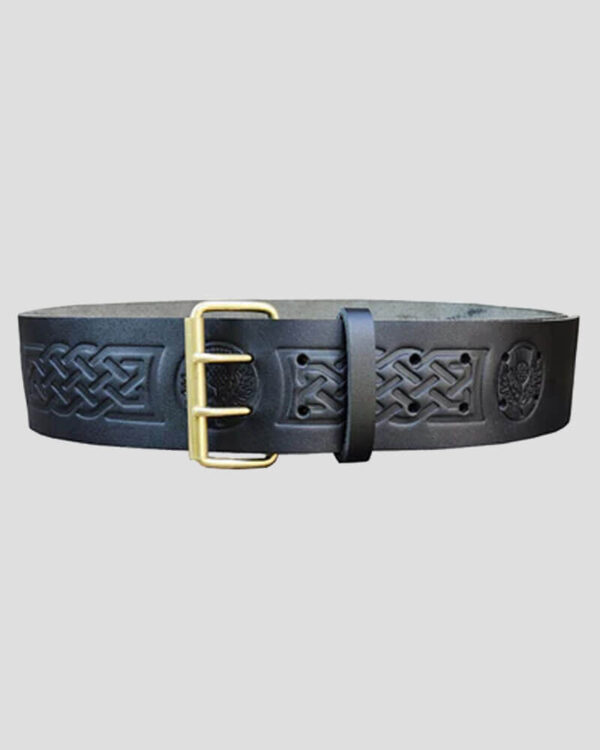 Double Prong Thistle Embossed Black Leather Kilt Belt