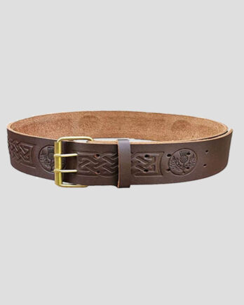 Double Prong Thistle Embossed Brown Leather Kilt Belt