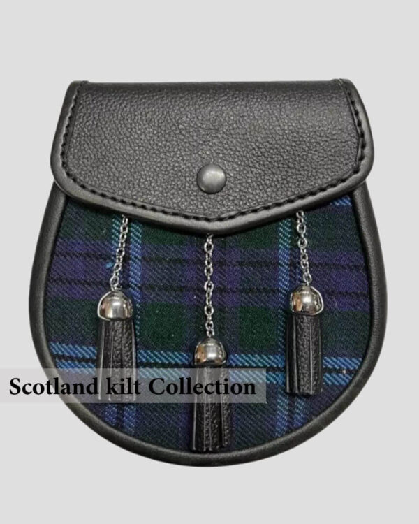 The Spirit of Scotland Tartan Sporran features premium tartan, black leather, and silver chain tassels. Order now for an authentic Scottish accessory!