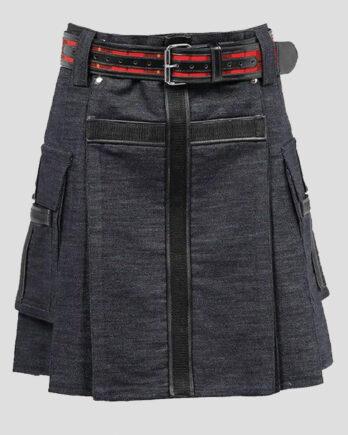 Men’s Black Denim Kilt with Leather Straps