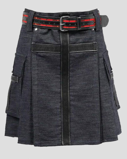 Vogue Denim Kilt - Mens Black Denim Kilt with Leather Straps