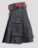 Vogue Denim Kilt - Mens Black Denim Kilt with Leather Straps