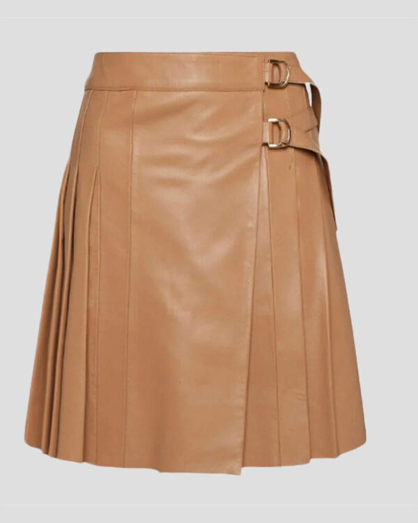 Ladies Camel Handmade Leather Kilt – Pleated & Buckled Skirt