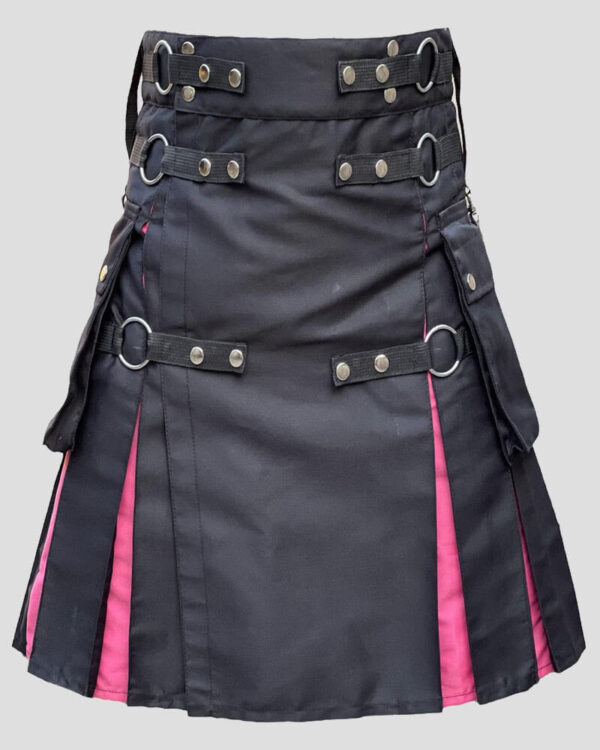 Men's Scottish Black Utility Kilt with Pink Pleats