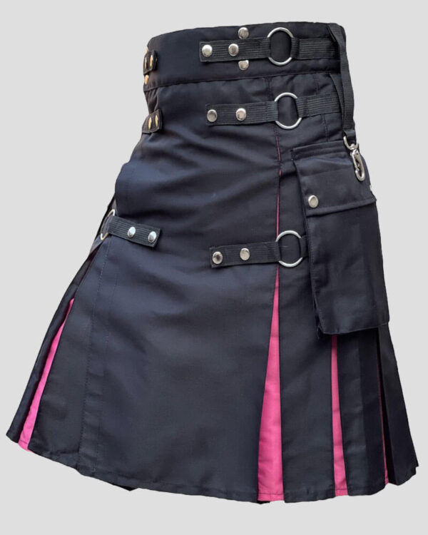 Men's Scottish Black Utility Kilt with Pink Pleats