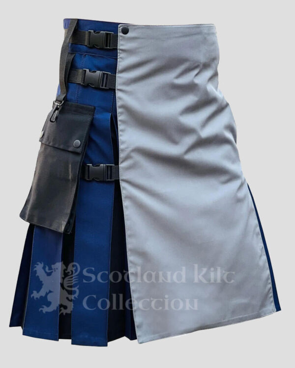 Men's Scottish Blue Utility Kilt with Grey Front Apron - Fashion Kilt