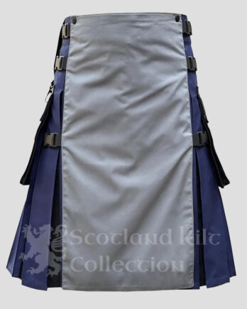 Men's Scottish Blue Utility Kilt with Grey Front Apron - Fashion Kilt