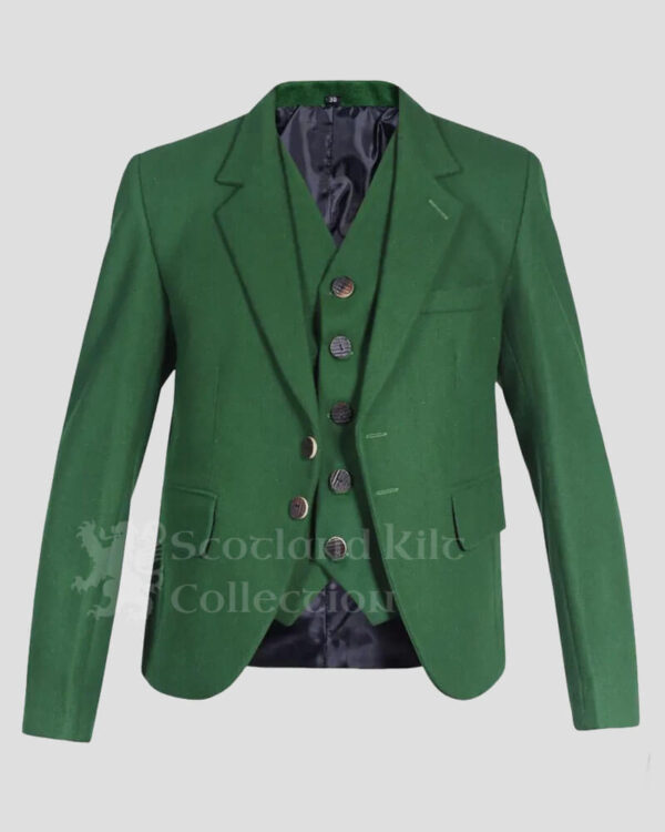 Men's Wedding Scottish Green Wool Kilt Jacket & 5-Button Vest