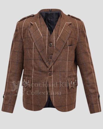 Men's Brown Tweed Wool Argyle Kilt Jacket & 5-Button Vest - Wedding