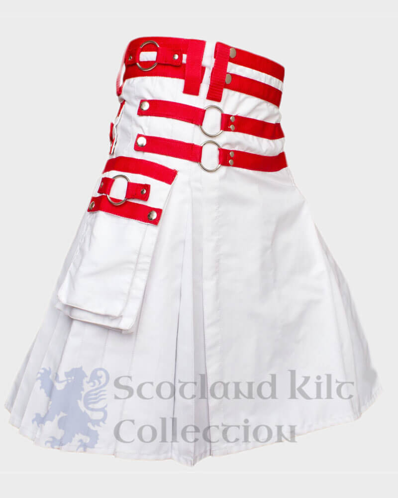 Mens Scottish Utility White Kilt with Red Nylon Straps