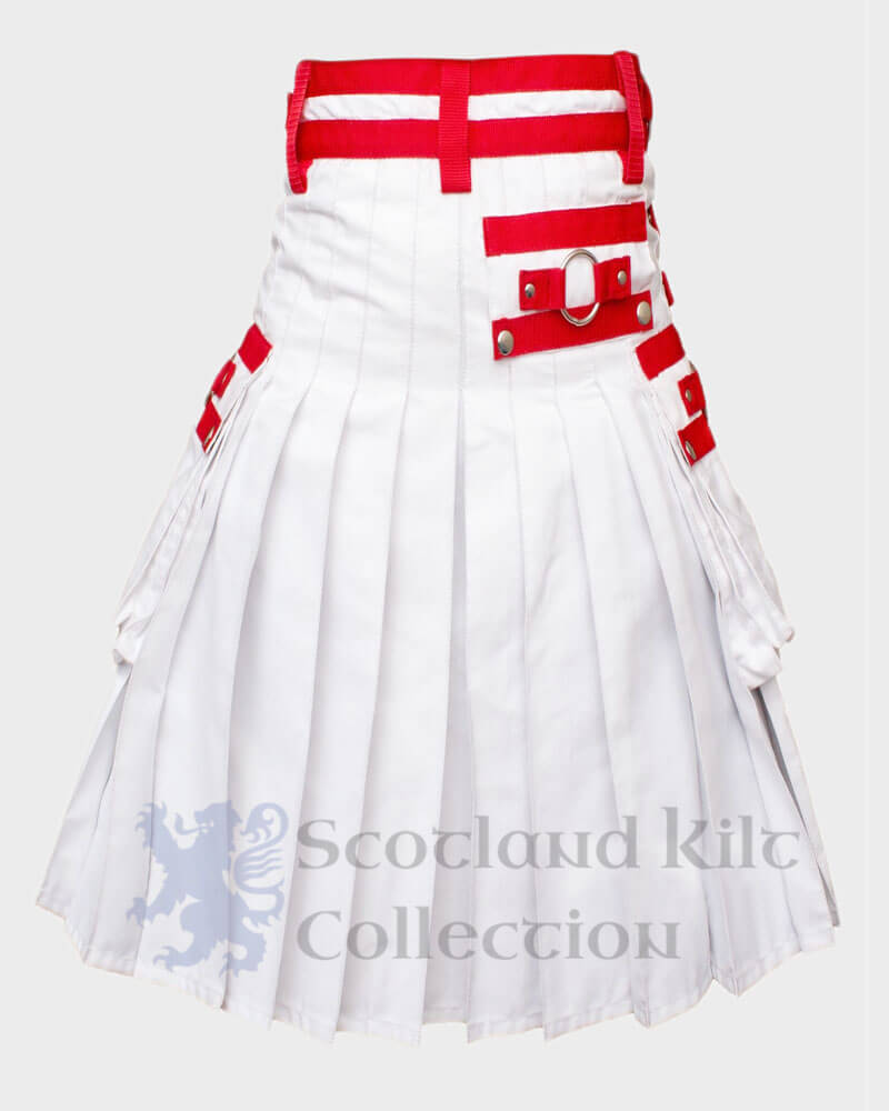 Mens Scottish Utility White Kilt with Red Nylon Straps