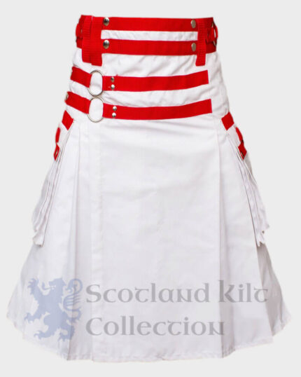 Mens Scottish Utility White Kilt with Red Nylon Straps