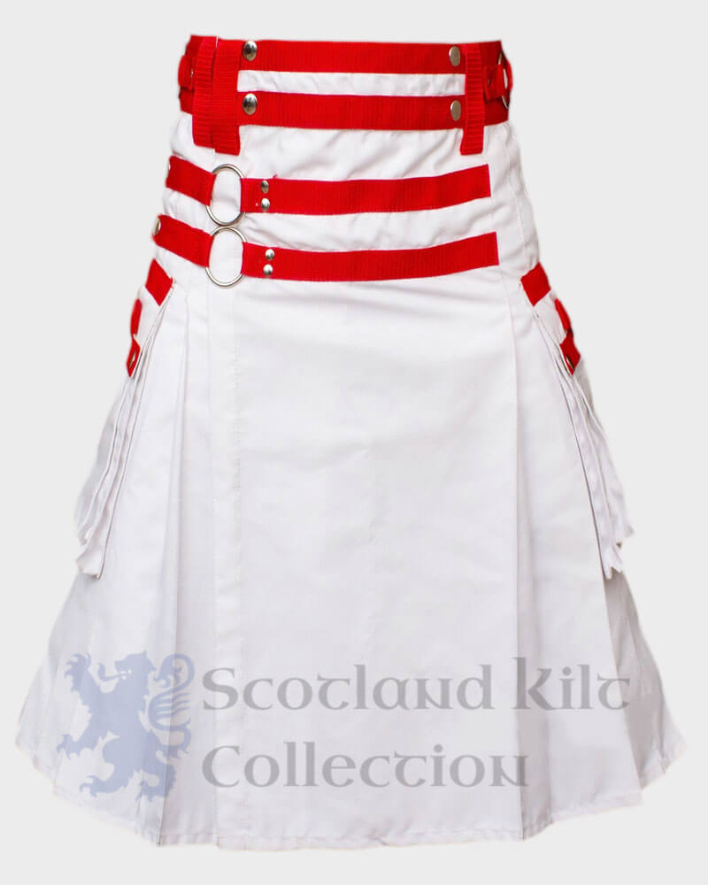 Mens Scottish Utility White Kilt with Red Nylon Straps